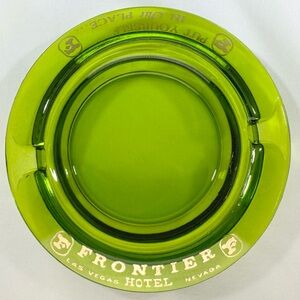 Vintage Frontier Casino Hotel Green Glass Ashtray ~ Las Vegas, Gold Print. MCM
